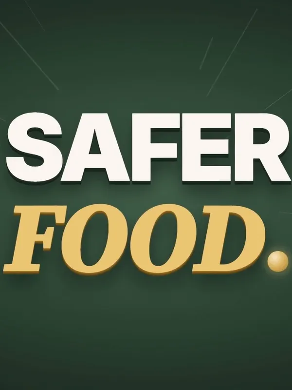 Opening frame of the APJFSS motion ad: the words Safer Food on deep green